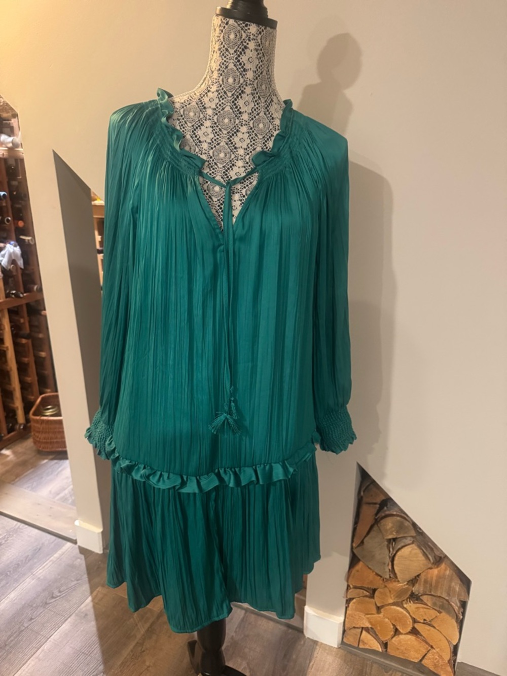Anthropologie Giulia Long Puff Sleeve Green Spliced Neck Tie Tunic Dress Size XS - Picture 4 of 7